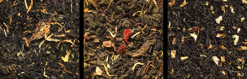 triptych of Yorktown Patty, Jamestown Gunpowder, and Holiday Orange Zest tea leaves