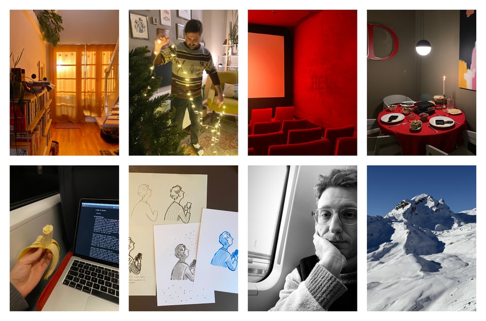 Collage mit Fotos: Lichterketten, ein leerer Kinosaal, ein mit Schnee bedeckter Berg