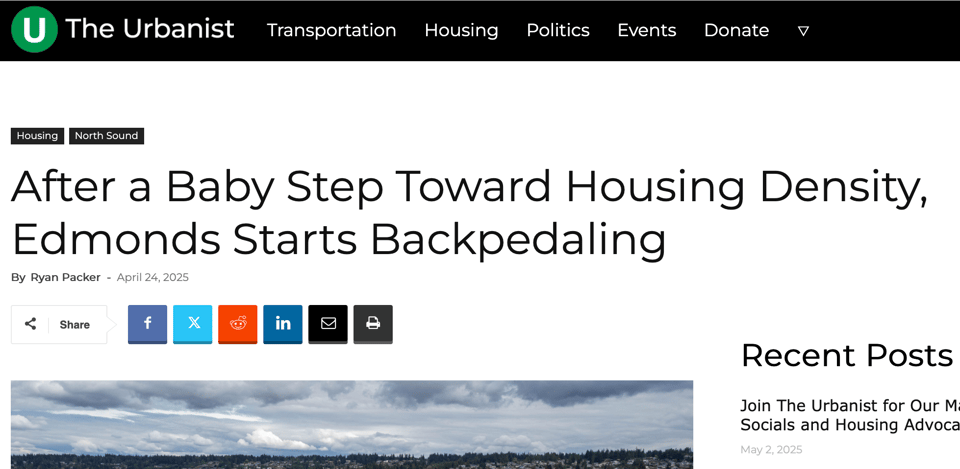 Urbanist headline about Edmonds "backpedaling" after "baby step towards housing density