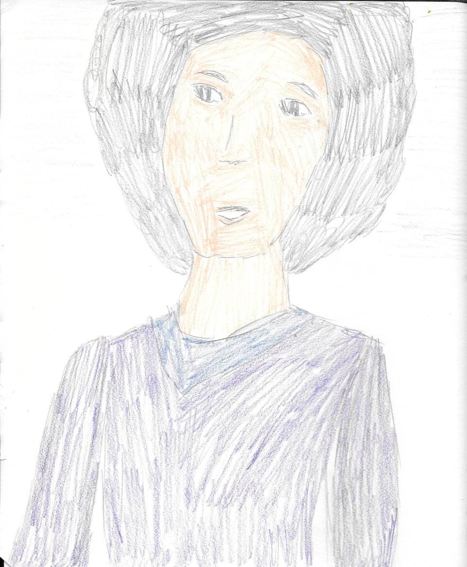 A drawing of a brown-skinned man with large, dark eyes. He wears a black afro and he has a reflective expression on his face, as if he's deep in thought.