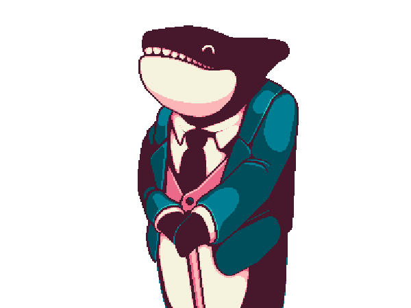 Portrait of Orco. He’s an orca wearing a tuxedo with a tie. He also seems to walk using a cane but we can’t see the feet/tail he’s standing on. He has a big smile full of teeth which could look a bit creepy, even if the teeth aren’t sharp