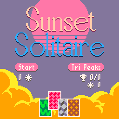 A title screen featuring a sun setting behind bright orange clouds. The game's name 'Sunset Solitaire' is above a menu where various games can be chosen.