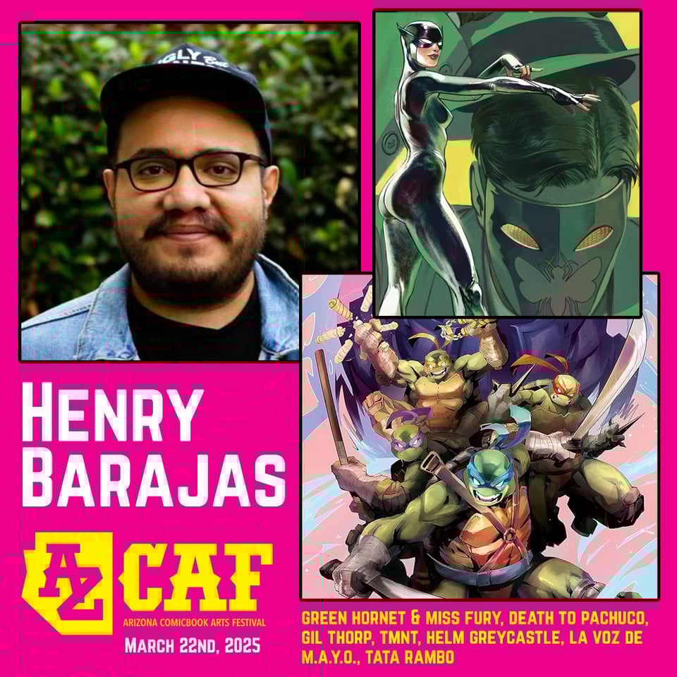 (Image. Collage of TMNT and Green Hornet/Miss Fury cover art. Mug shot of Henry Barajas.)