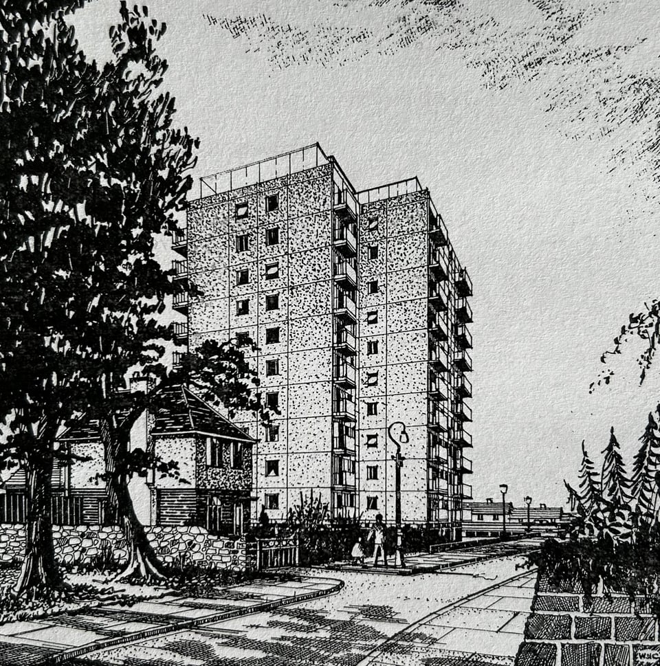 A pen and ink drawing of Rennes House from Hill Lane. The artist has used speckling to create the sense of the concrete and included a 1930s house and someone walking with a child for scale.