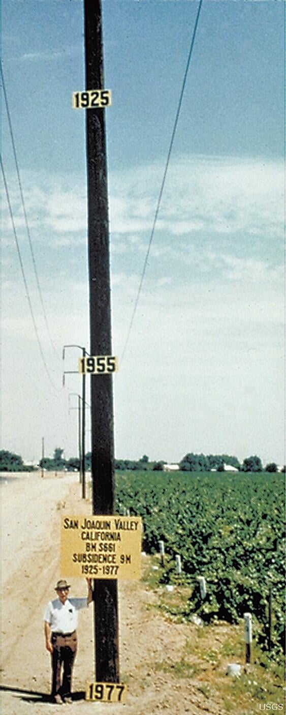 An image of a telegraph pole in the San Joaquin Valley sowing the 9 metres of subsidence from 1925 to 1977