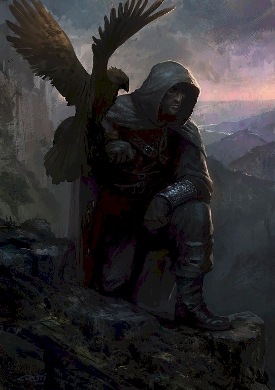 Ser Vaenar Maiarys, a character in A Song of Ice and Fire canon, bending on knee in the mountains with a raven perched on his shoulder