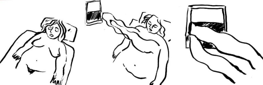 line drawn 3-panel comic. In the first panel a woman is laying naked in bed. In the second panel her tits have stretched long and floppy away from her chest toward the window. The third panel is a close-up of the window, with her tits escaping through the opening.