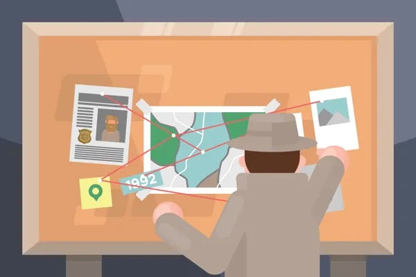 Illustration of a detective wearing brown jacket and hat looking at a board with a map, police report and couple of other pictures and postits, all connected with red string