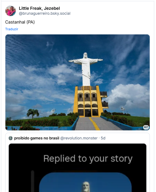 Post de Little Freak, Jezebel (@brunaguerreiro.bsky.social) : Castanhal (PA)

Post contem imagem com seguinte descrição: foto do Cristo Redentor de Castanhal num dia de céu azul com poucas nuvens