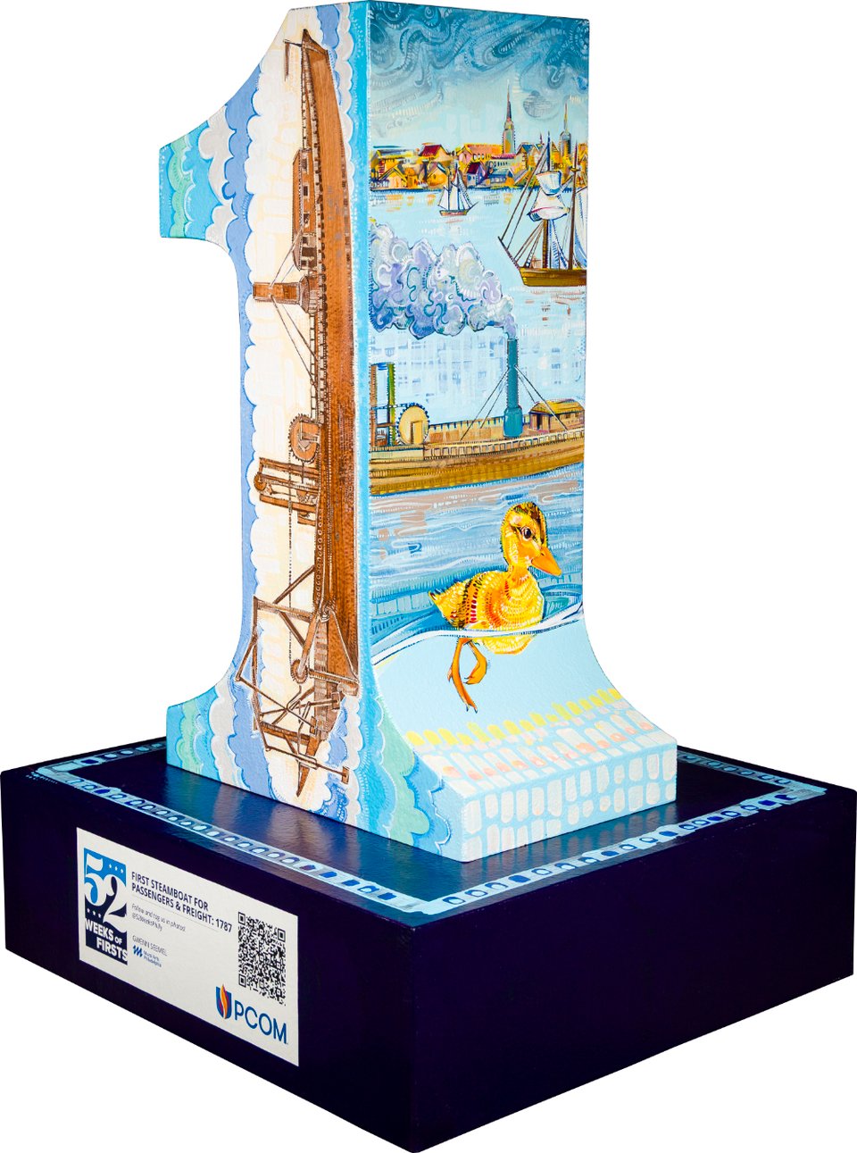 sculpture of the number 1 on a pedestal, painted with a steamboat design from 1700s, a cityscape of Philadelphia from that time, and a duckling