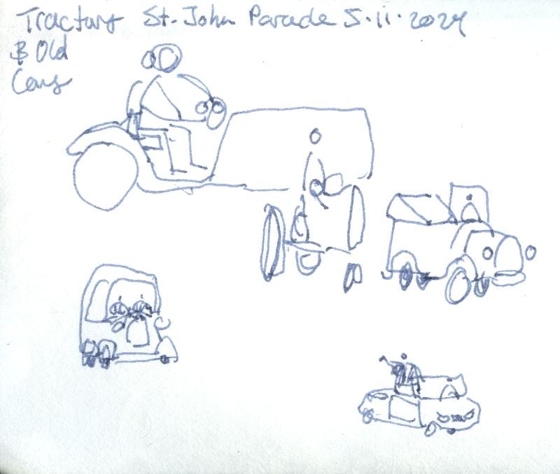 sketch of tractors and cars in parade