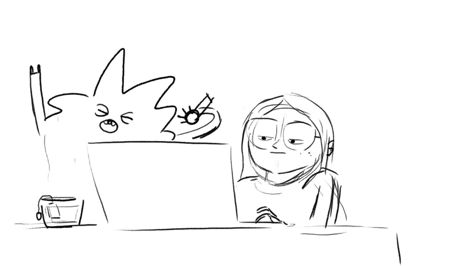 a sketch of atomic nancy as a ghost botherin her daughter Zen by singing behind her and trying to get her attention while she works on her laptop