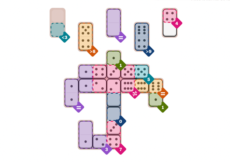 A screenshot of me failing at Pips. The puzzle looks completed, but there's an obvious failure: I've got two twos in a do-not-equal zone. The puzzle is shaped like an umbrella.