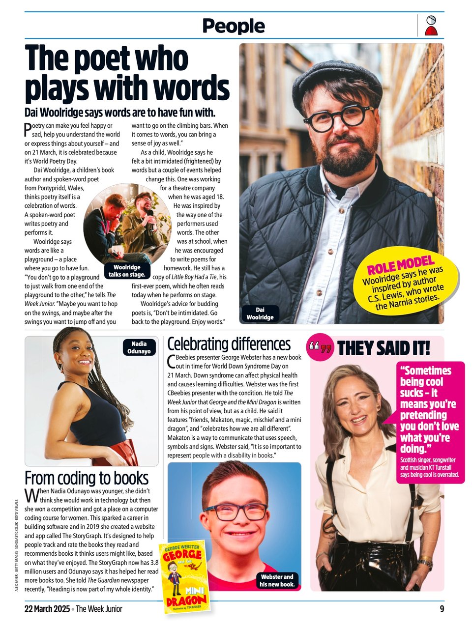 A newspaper page from The Week Junior (dated 22 March 2025) featuring an article titled 'From coding to books' about Nadia Odunayo. The section describes how Nadia initially didn't think she would work in technology but entered competitions, got a place at a computer coding course for women, and eventually created a reader recommendation service and app called The StoryGraph. The article mentions that The StoryGraph recommends books based on users' preferences and has 3 million users. There's a quote from Nadia saying 'Reading is now part of my whole identity.' The page also contains other articles including a main feature about poet Dai Woolridge and a section about World Down Syndrome Day.