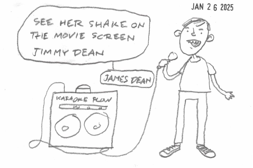 cartoon of man singing "Rock On" at karaoke