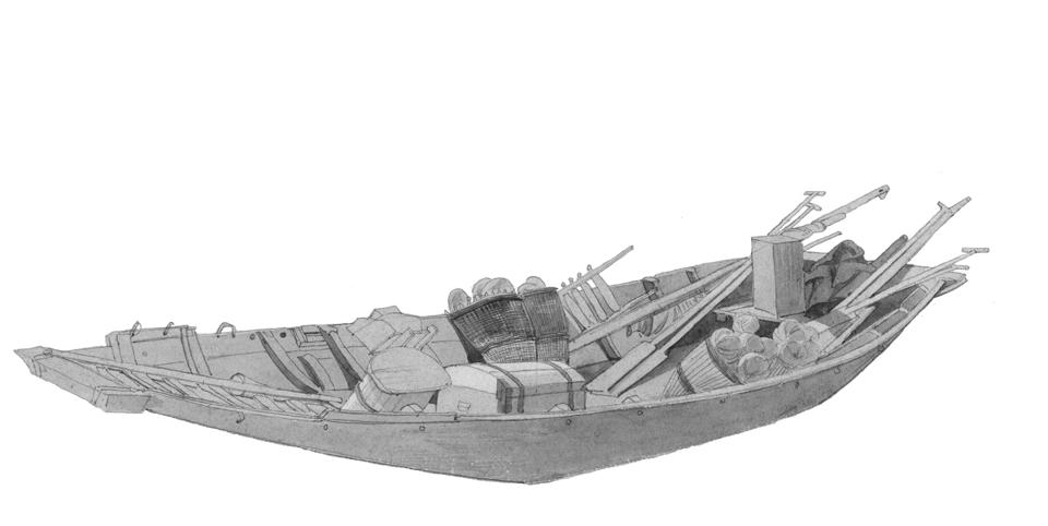 A drawing of a small boat full of various goods