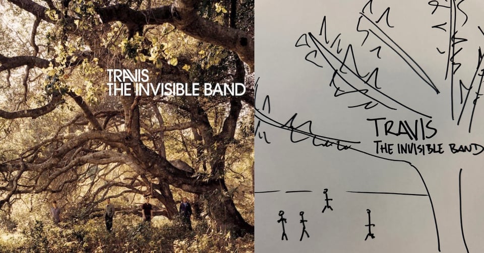 A color photograph of three trees, each with a mulititude of branches and branches branching off branches that the image is just a series of twisting, jagged brown tubes. The spaces between all the branches are filled with leaves. There's a tiny bit of sky visible in the upper left, but otherwise it's all branches and leaves. At the bottom of the image, near the trunks of the trees, are the band members, very small and easy to miss.