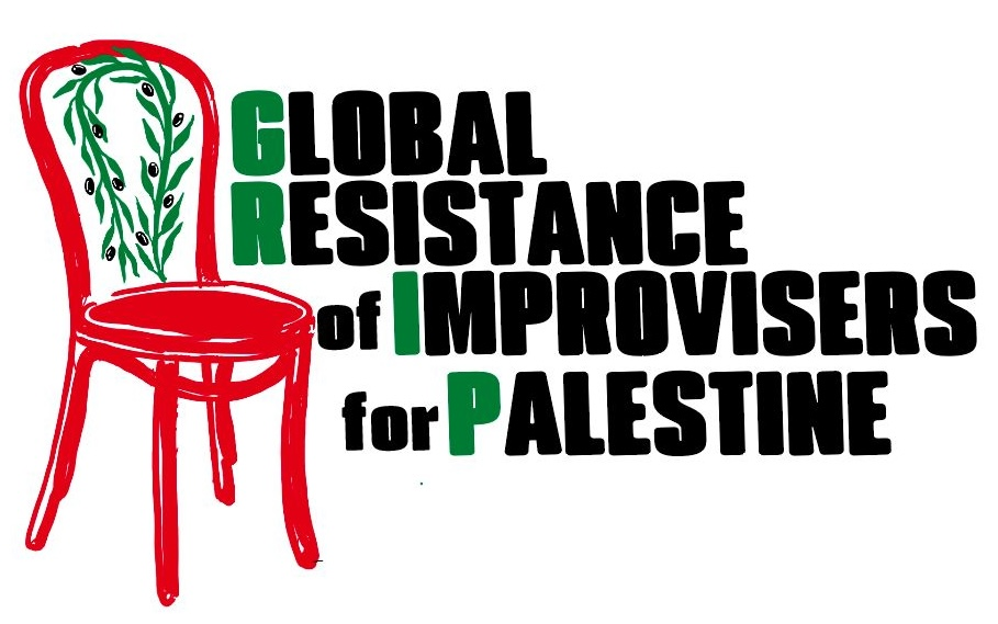 A colorful graphic featuring a chair and the text "GLOBAL RESISTANCE of IMPROVISERS for PALESTINE" in bold letters.