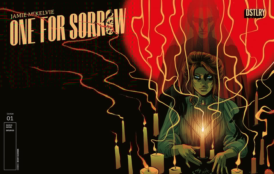 Variant cover D for ONE FOR SORROW #1 by Becky Cloonan. Bess is sat in front of a table filled with candles, and the ghostly image of Madame Hendrikov, spirit medium, stands behind her, hands on her shoulders. Madame Hendrikov is dressed in old-fashioned mourning wear, a veil covering her face.
