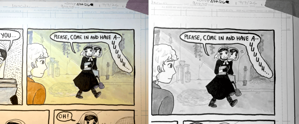 two panels from Inoscularum side by side, one in color and one in grayscale