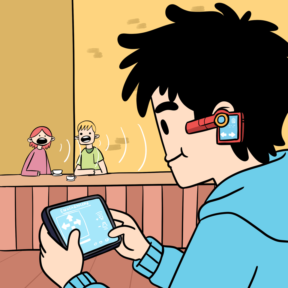 A man has some ear buds in his ears and is using them to listen to a conversation from two other people.