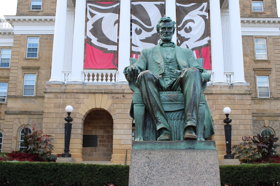 Abraham Lincoln is located at the top of Bascom Hill, in front of the main entrance to Bascom Hall.
