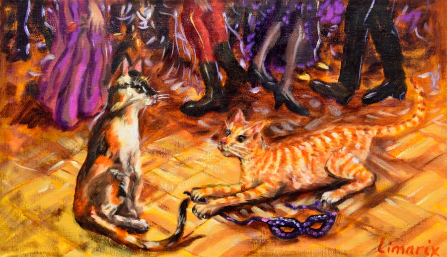 Painting of a calico and a tabby orange cat playing with a domino mask on a parquet floor while human legs in formal dress dance behind them.