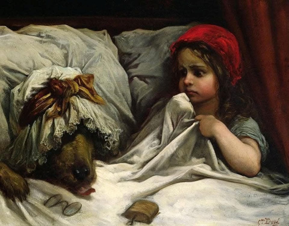 A painting by Gustav Dore of Red Riding Hood in bed with the wolf, looking at him worriedly.