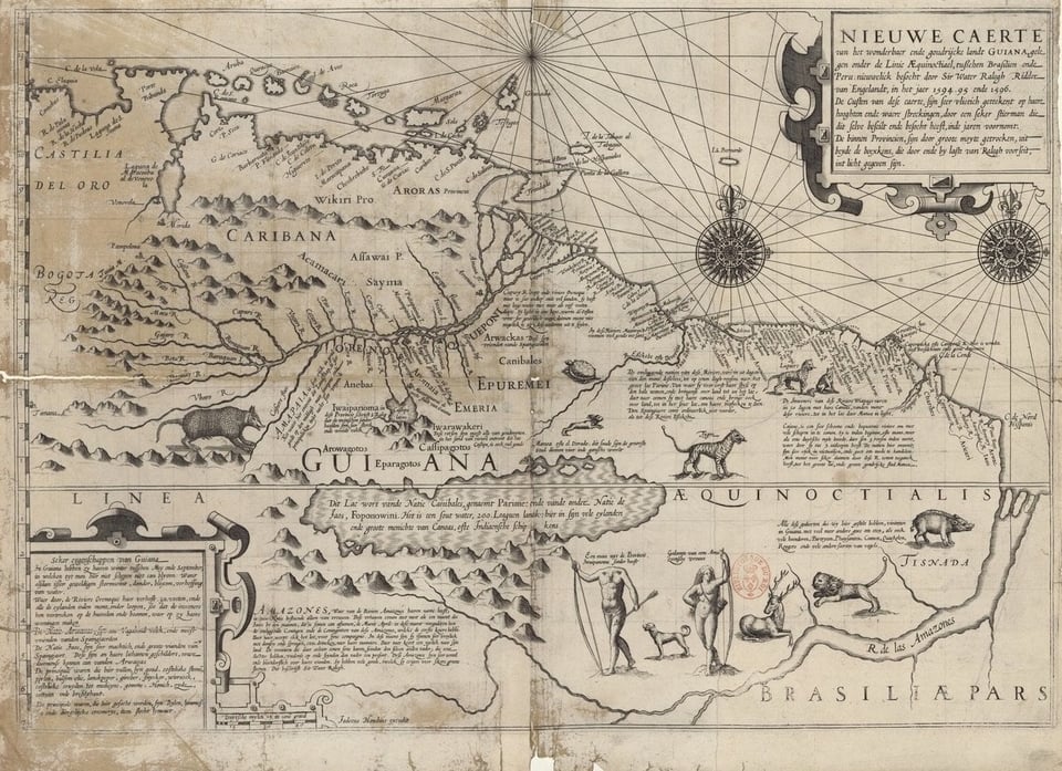 An engraved map showing northeast South America, with numerous cartouches filled with inscriptions, and human and animal figures.