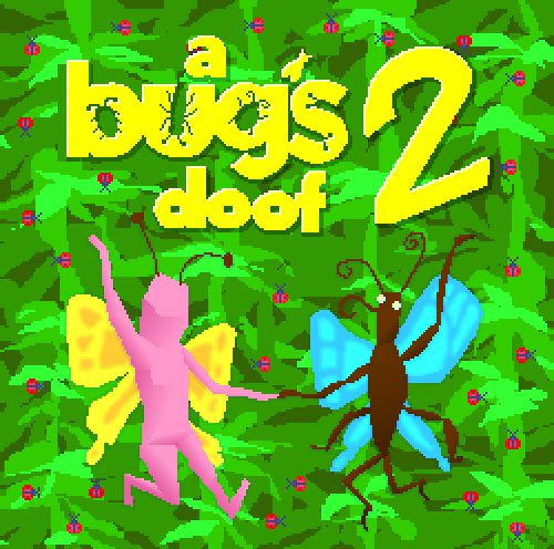 A promo image for A BUG’S DOOF 2, with a pink doofus wearing butterfly wings and antennae dancing with a butterfly. There are ladybugs everywhere.