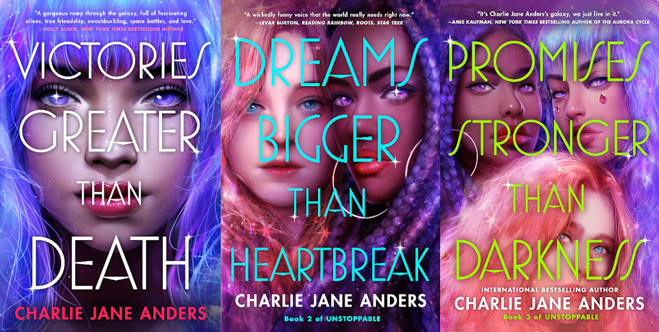 The covers of all three books in the Unstoppable trilogy, featuring lots of purple and red hair and stars and sparkles. So many sparkles!