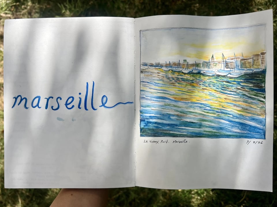 sketchbook page of marsielle, the old port, light on water during sunset and boats in the distance