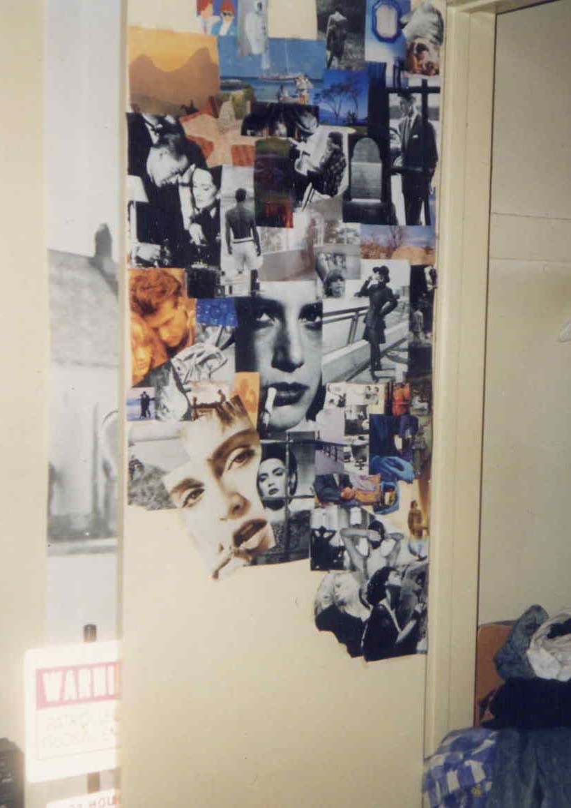 the inside of a closet door with a collage made from magazines