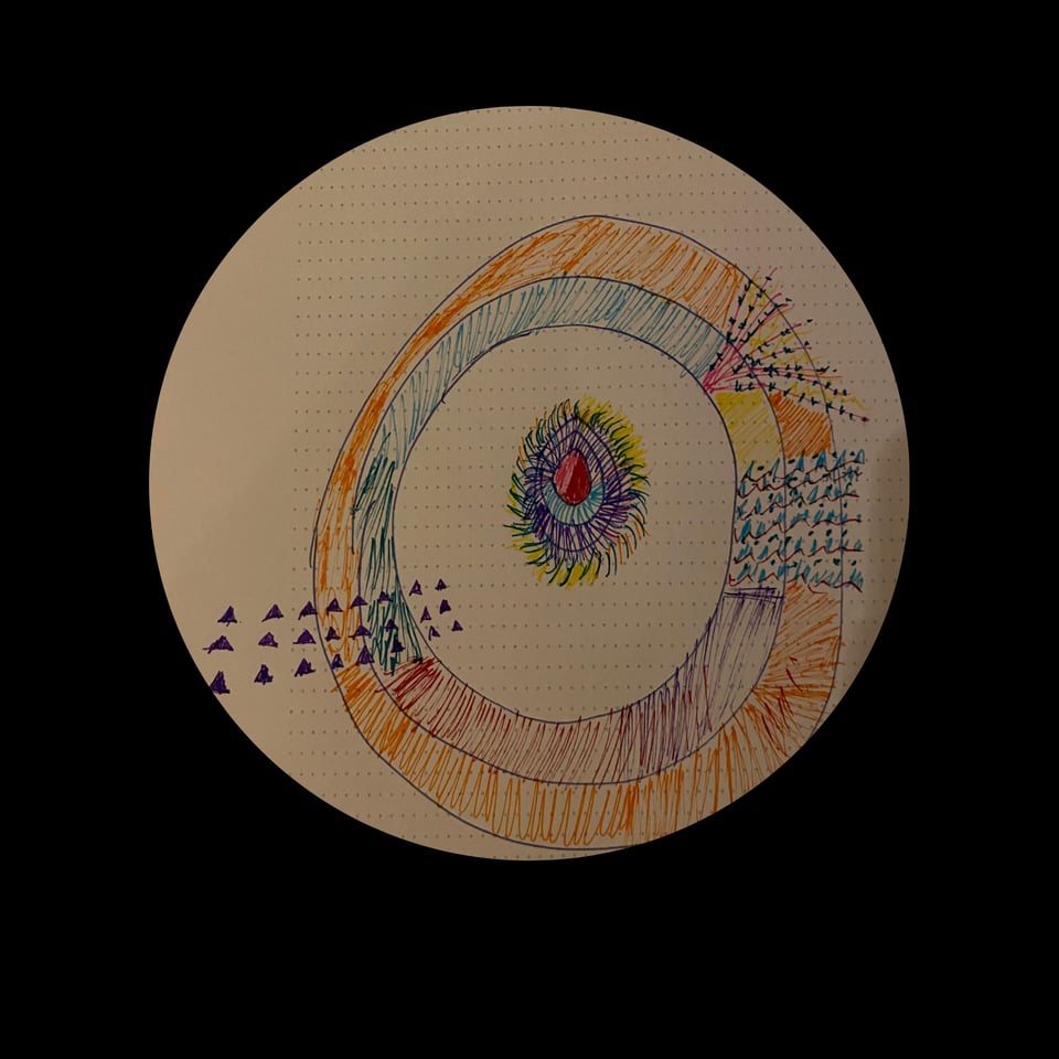 A drawing I made of my art inside a cocoon. Concentric circles with a space inside and then a smaller, teardrop shape, with feathering.