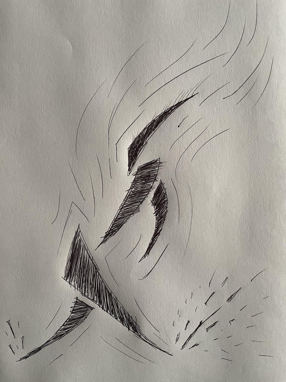 A rough sketch of an abstract figure spinning and reaching with flowing energy lines exploding outward