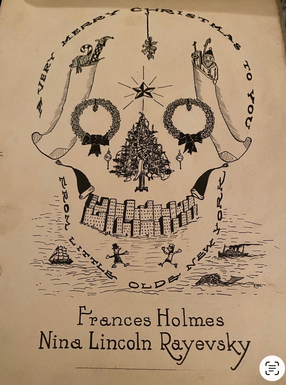 vintage 1920s Christmas card with skull design