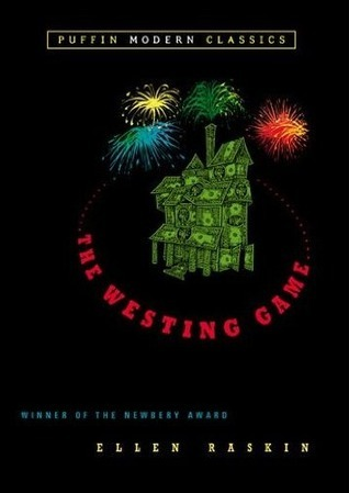 The cover of The Westing Game shows a house made of US dollar bills, surrounded by fireworks.