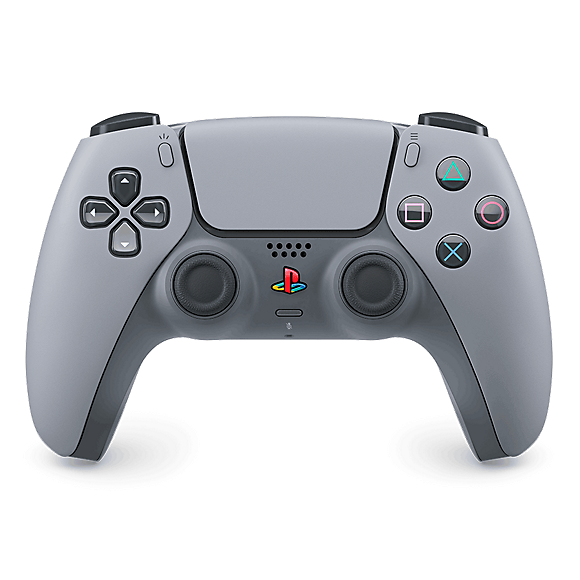 Playstation 5 controller colored in original Playstation colors