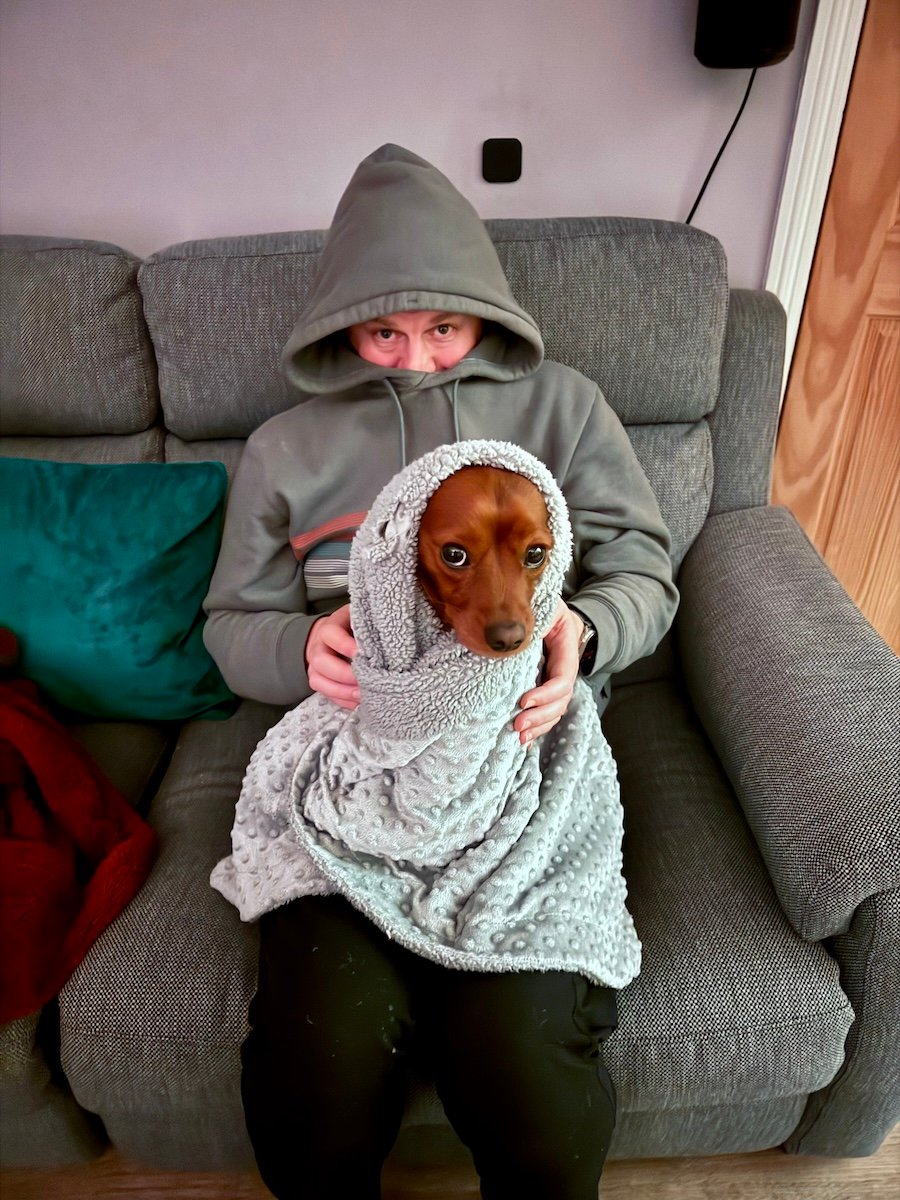 Radio in his blanket pretending to be ET.