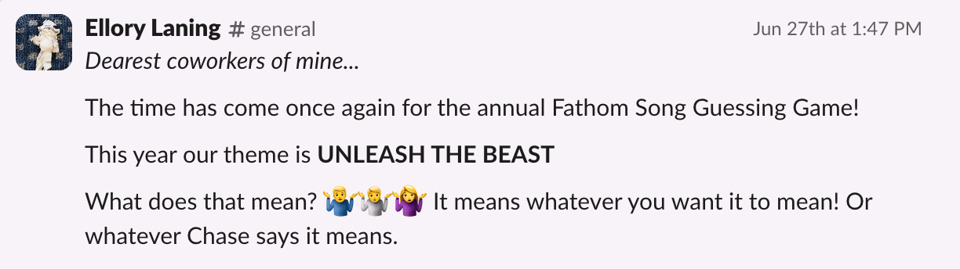 Slack message from Ellory announcing the annual Fathom Song Guessing Game