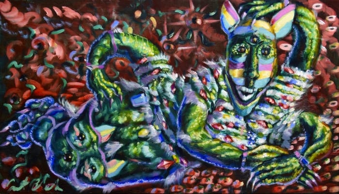 Painting of a green alien who reclines facing you on a red patterned abstract ground. It has 4 arms, white fur stripes and patches, is dotted with jewels, and its 3-eyed upper face bears pan flag colors. Its large single food also has pan flag ears on its knee.
