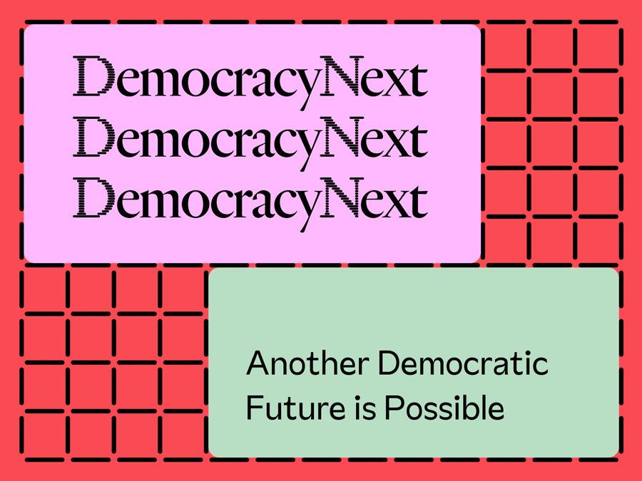 DemocracyNext website screenshots on colorful backgrounds