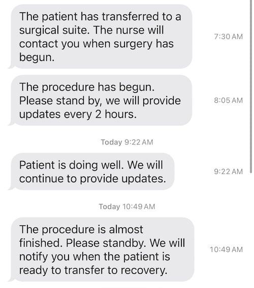 automated text messages from a hospital to a person in a waiting room