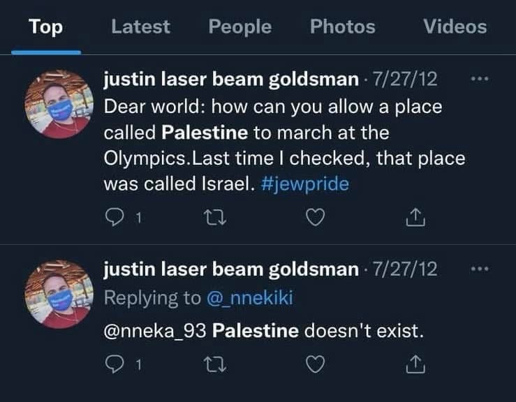 Justin Goldsman tweets:
Dear world: how can you allow a place called Palestine to march at the Olympics. Last time I checked, that place was called Israel. #jewpride
--
Palestine doesn't exist