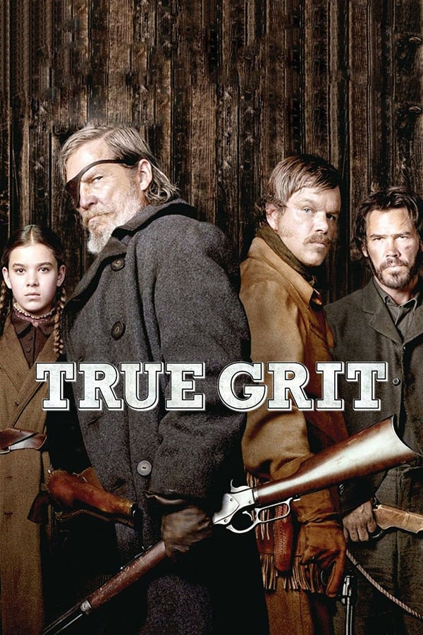 The movie poster for the movie True Grit, the 2010 Coen Brothers one, not the old John Wayne one. This features the main actors standing and looking at the camera and the words True Grit.