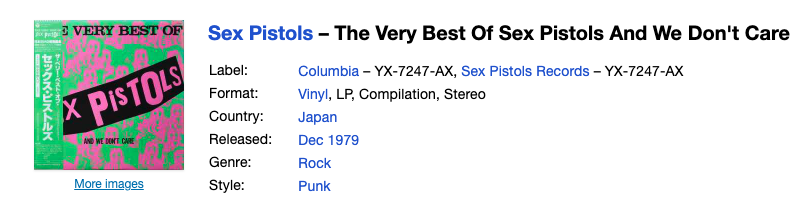 A screenshot of the Discogs website listing for a Sex Pistols compilation album released in Japan. There is a small image of the front cover with the standard Japanese 'obi strip' down the left hand side. The album is called