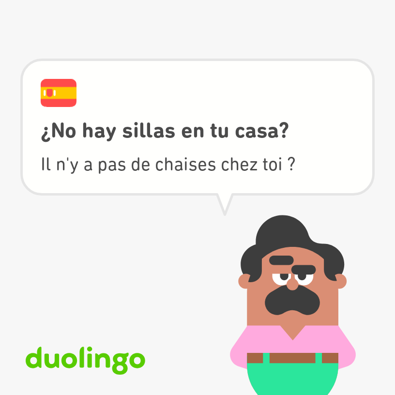 Oscar, mustachioed art teacher from Duolingo says, "Are there no chairs in your house?" in French and Spanish.