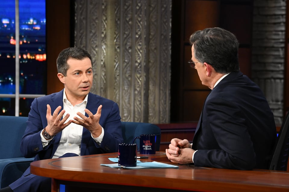 Fmr. Sec. Pete Buttigieg appears with Stephen Colbert during Tuesday’s March 4, 2025 episode of The Late Show with Stephen Colbert.