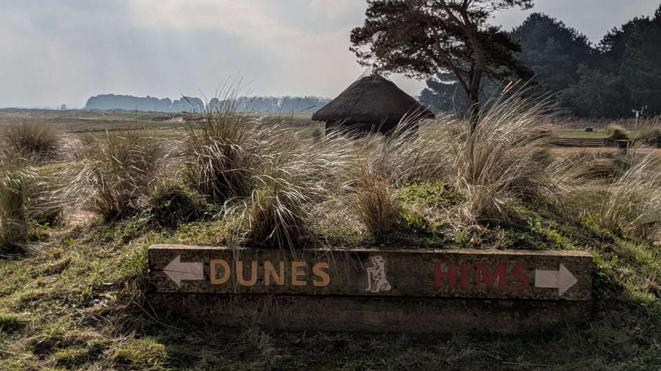 Rustic painted wooden sign for Dunes and Hims pointing in different directions