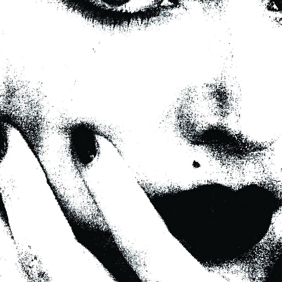 An extremely close up black and white picture of Madonna or someone who looks like her -- it may even be a blowup of a photocopy of a picture. It's very blown-0ut. All we can see is her nose, the bottom of her right eye, her lips, two of her fingers (with painted nails) holding her chin and cheek, and her lipstick'd lips.